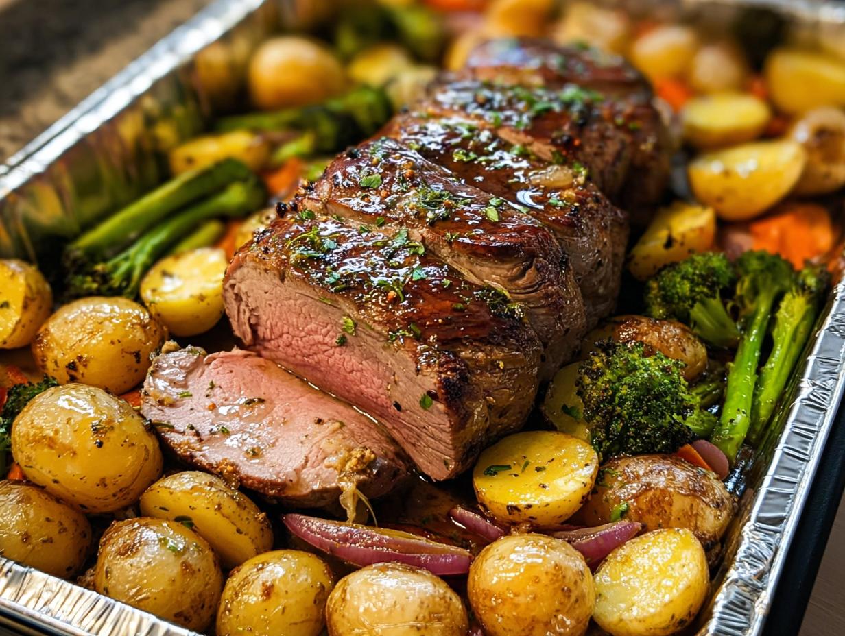 Beef Tenderloin Sheet Pan Dinner with roasted vegetables
