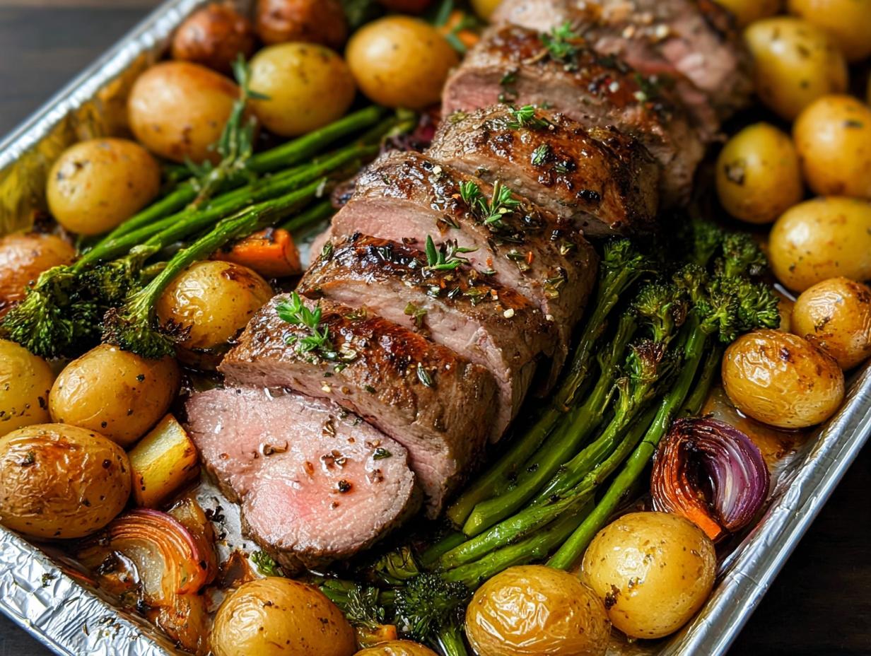 Close-up of a serving of Beef Tenderloin Sheet Pan Dinner