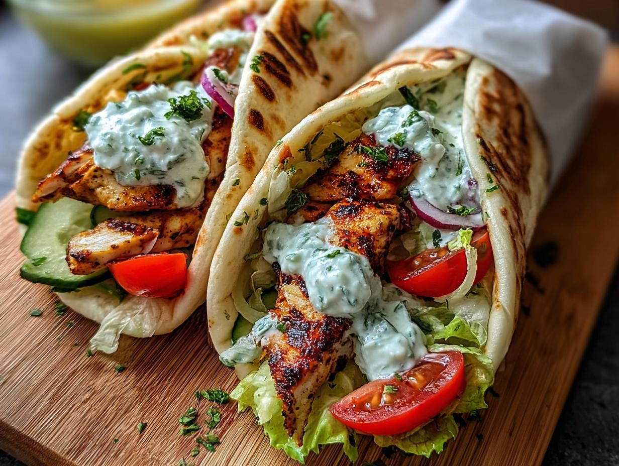 Mediterranean Chicken Gyros Creamy - assembled gyro with toppings