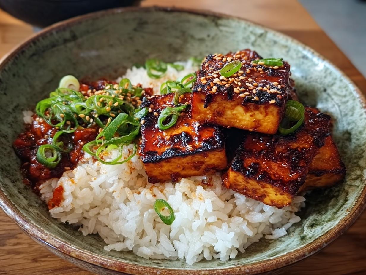 Savory Seared Tofu Vegan Bulgogi - finished dish served over rice with garnishes