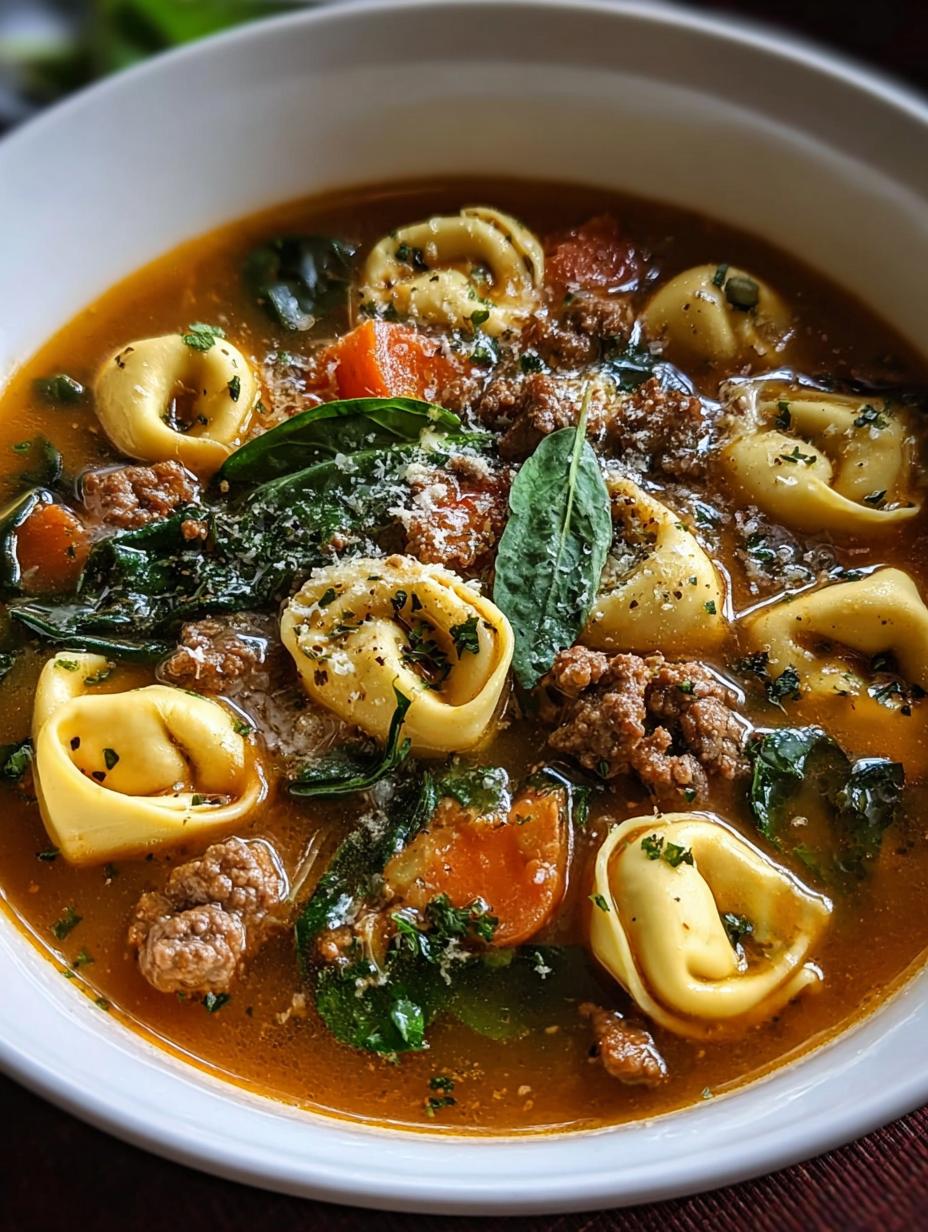 Hearty Autumn Tortellini Soup Beef - A steaming bowl of rich beef tortellini soup