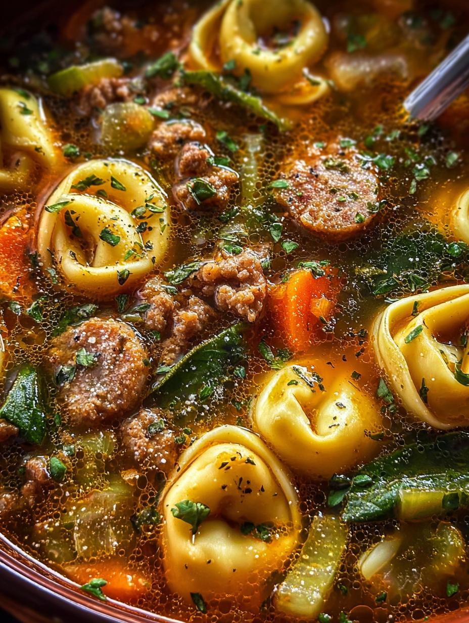 Hearty Autumn Tortellini Soup Beef - Close-up of tortellini floating in the soup