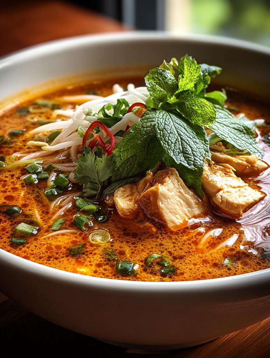 Irresistible Chicken Laksa Noodle Soup served in a bowl with fresh cilantro and bean sprouts