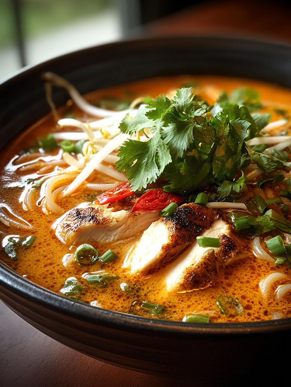 Delicious Chicken Laksa Noodle Soup with vibrant colors and fresh ingredients