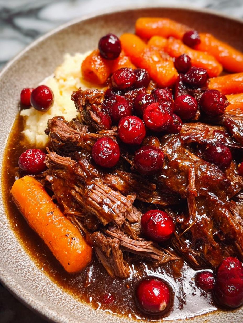 Balsamic Cranberry Roast: 3-Hour Comfort 7 Low Braised Balsamic Cranberry - close-up of tender shredded beef with sauce and carrots