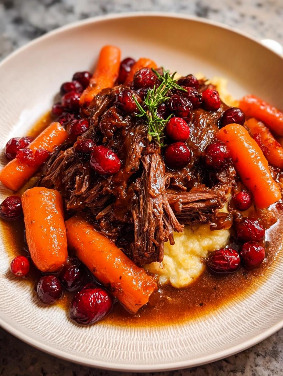 Balsamic Cranberry Roast: 3-Hour Comfort 8 Low Braised Balsamic Cranberry - ingredients laid out including cranberries, carrots, and beef roast