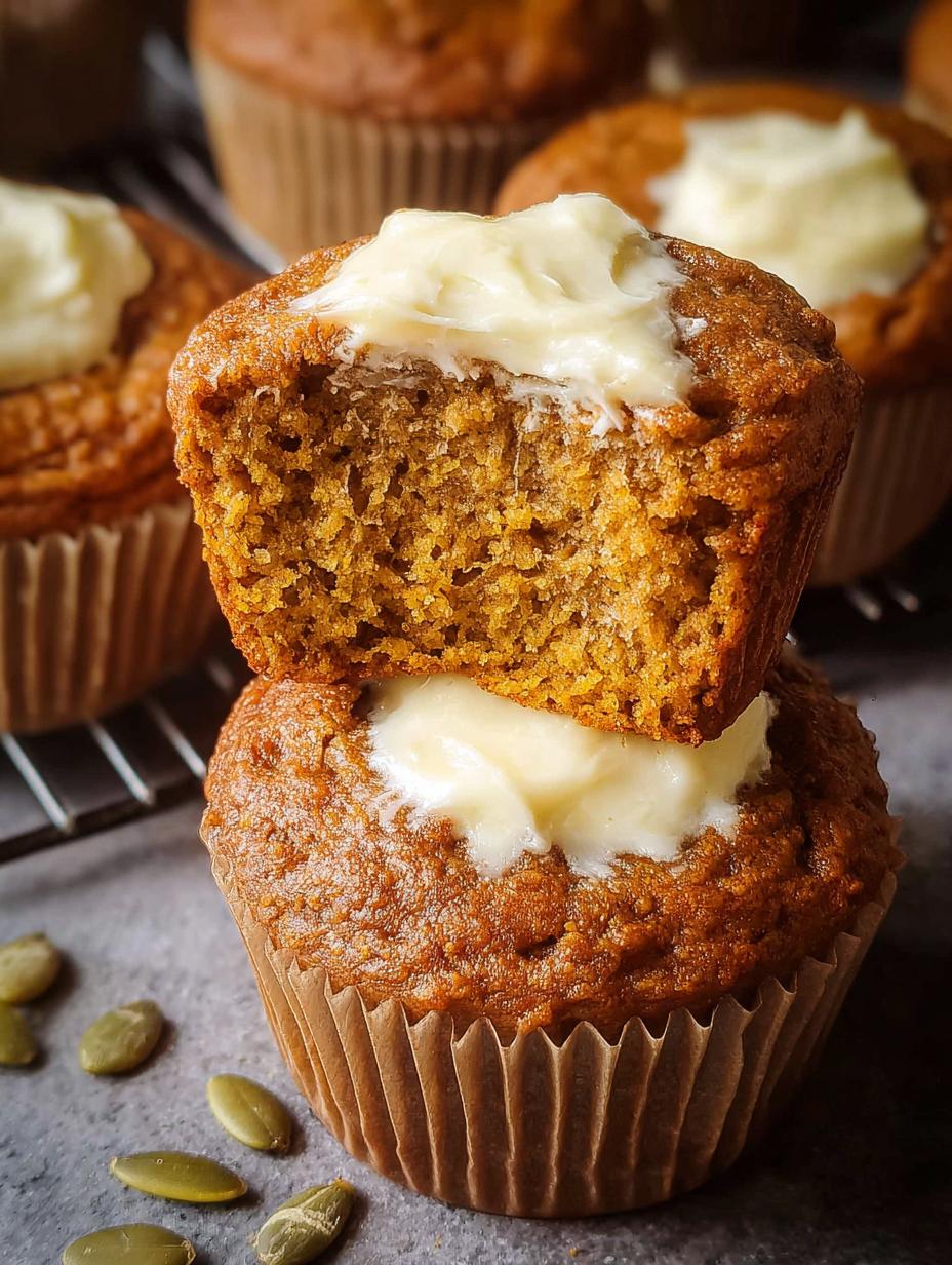 Perfect Pumpkin Cream Cheese Muffins - close-up of a muffin cut in half showing the cream cheese center