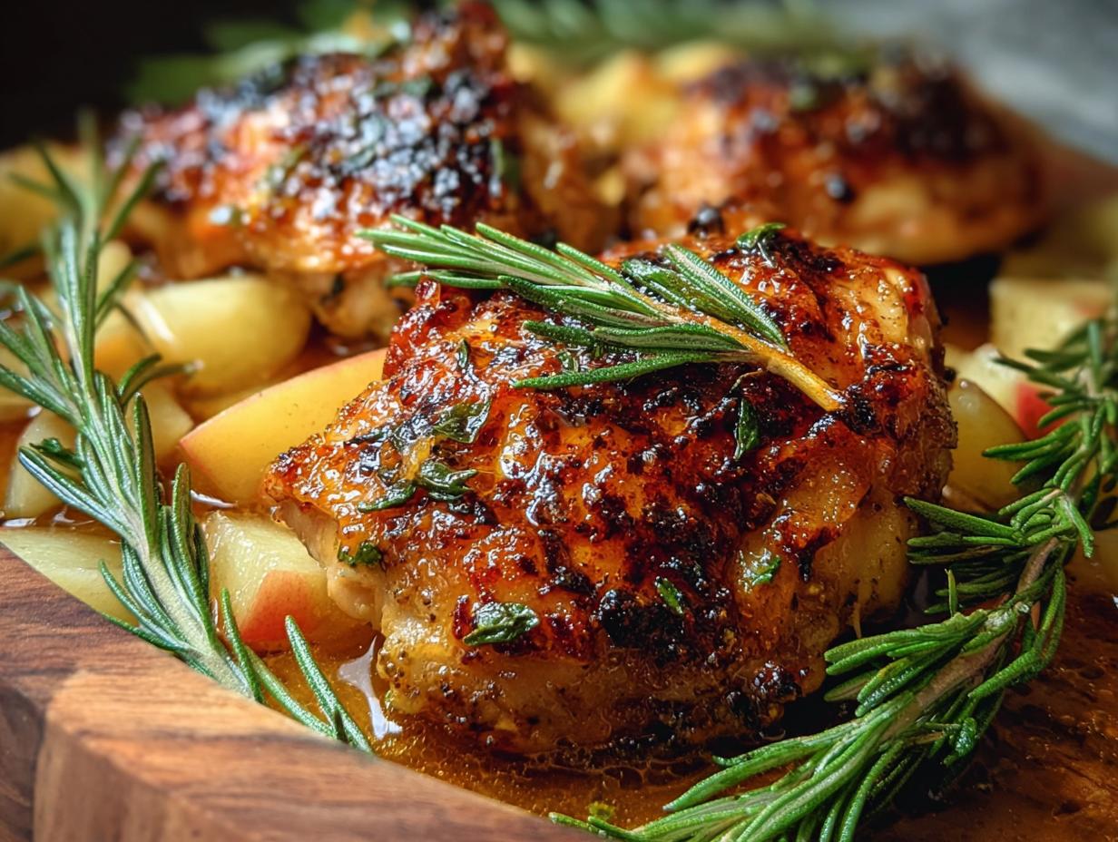 Rosemary Apple Cider Chicken baking in a dish with fresh rosemary