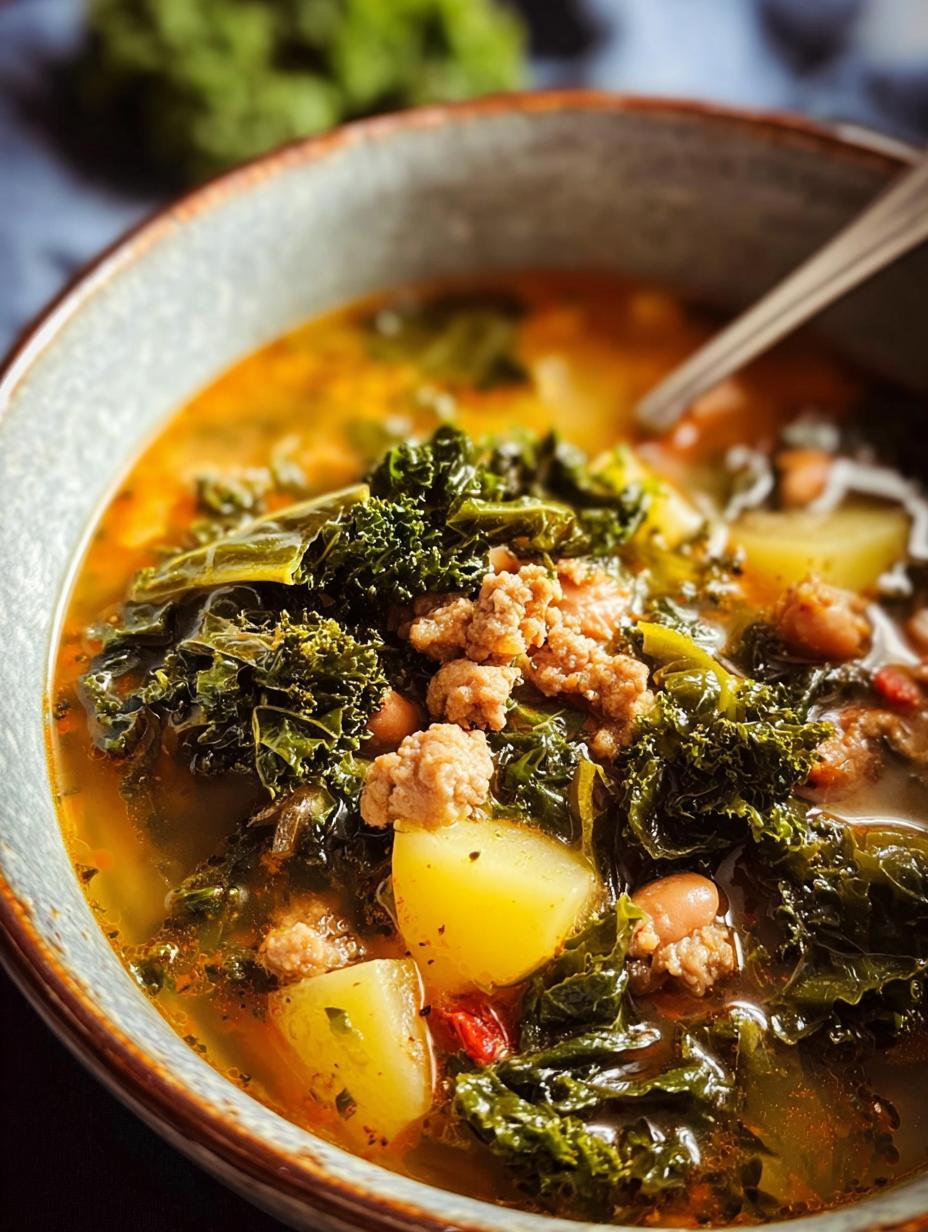 Close-up of Sausage Kale Soup ingredients being added to a pot