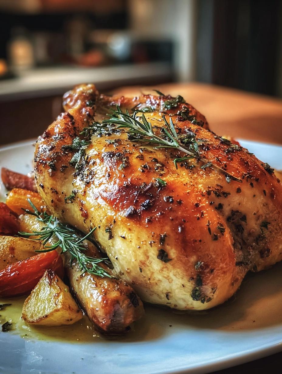 Thanksgiving Chicken Holiday Meal: Juicy roasted chicken with herbs and vegetables