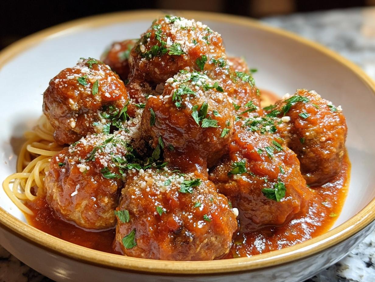 Easy turkey meatballs marinara simmering in sauce