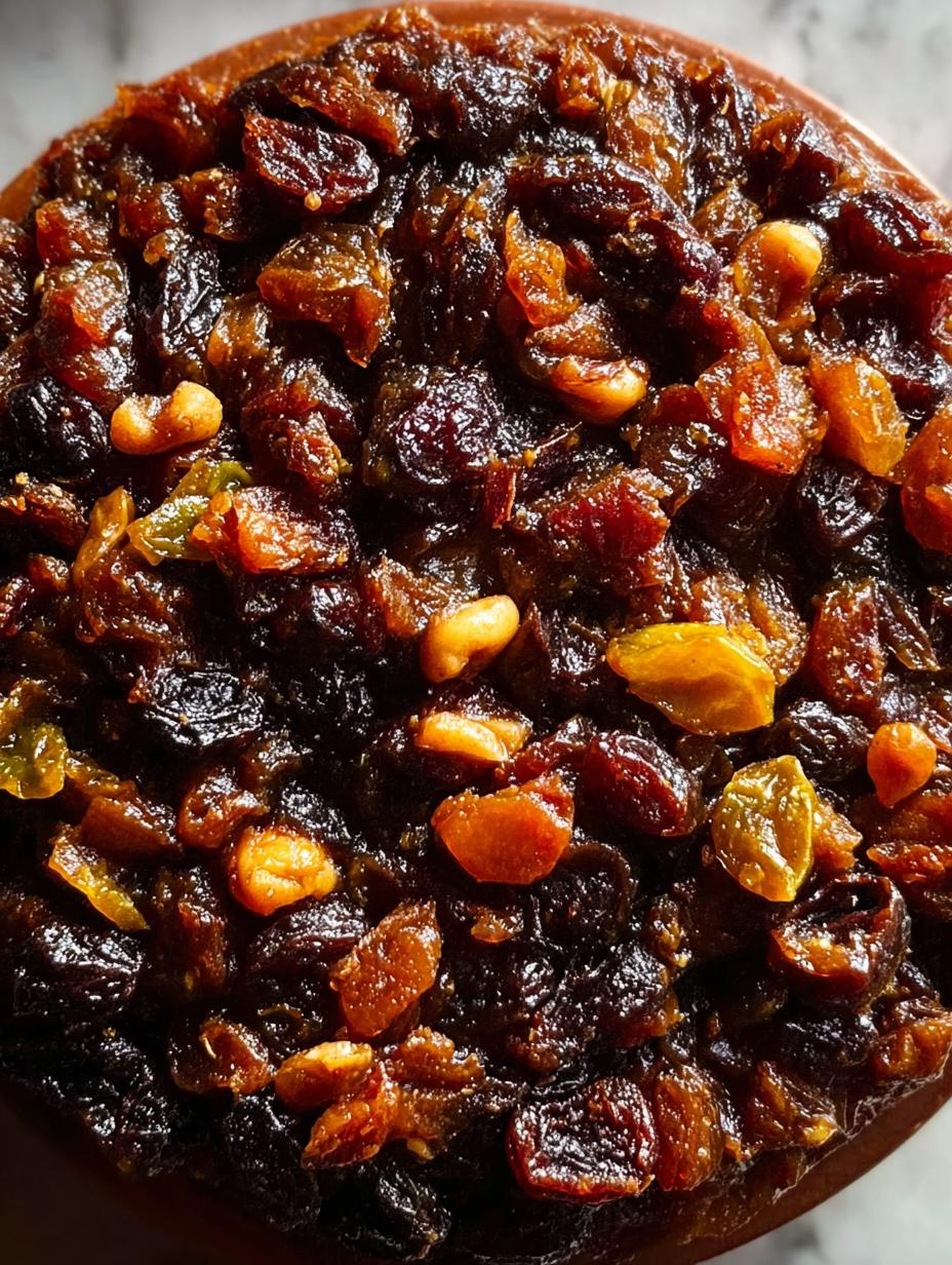 Simmering vegan mincemeat pie filling in a saucepan