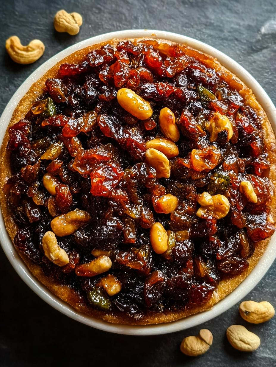 Close-up of finished vegan mincemeat pie filling in a jar