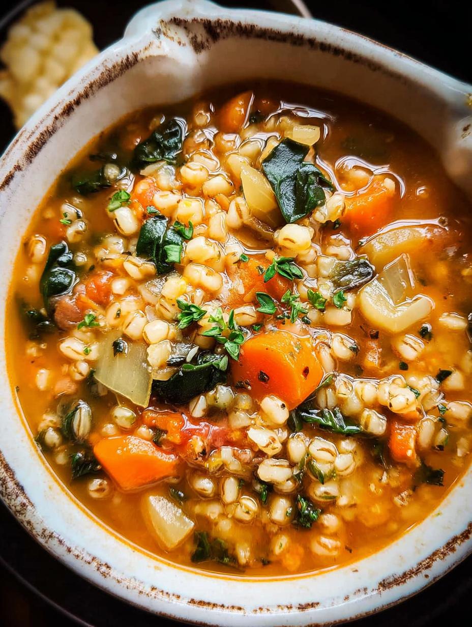 Incredible Vegetable Barley Soup: 15-Minute Prep - A close-up of the finished soup in a bowl, garnished with parsley