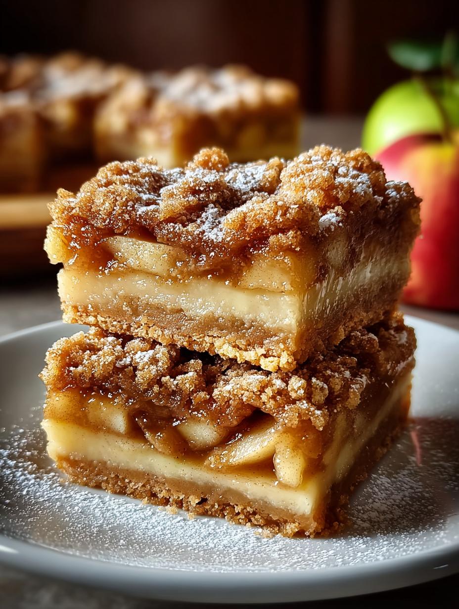 Slice of Apple Pie Bars topped with caramel sauce and ice cream
