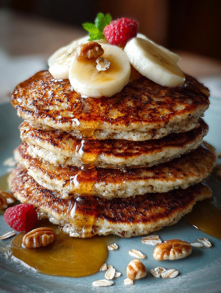 Fluffy Banana Oat Pancakes Vegan topped with fresh fruits and syrup