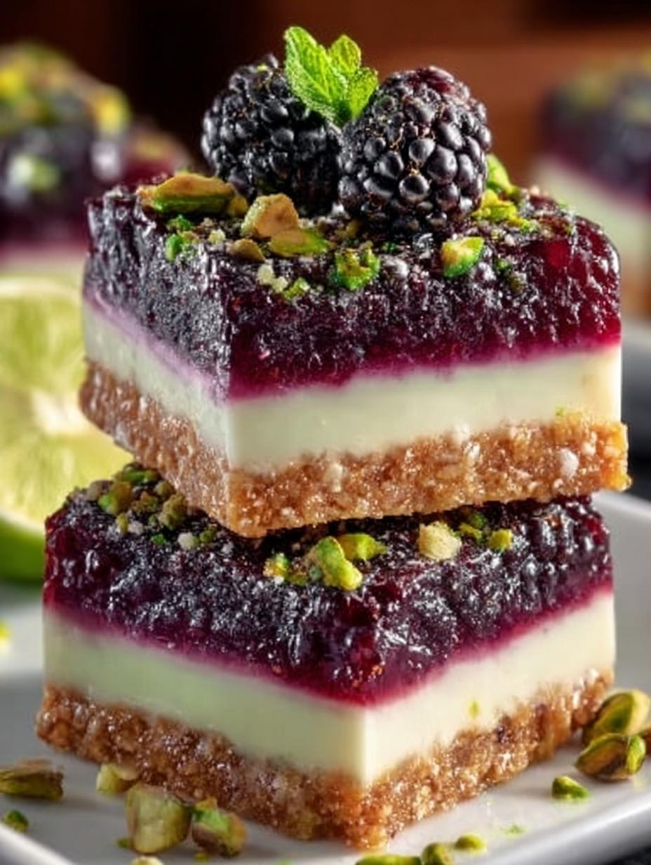 Irresistible blackberry pistachio dessert bars fresh from the oven on cooling rack