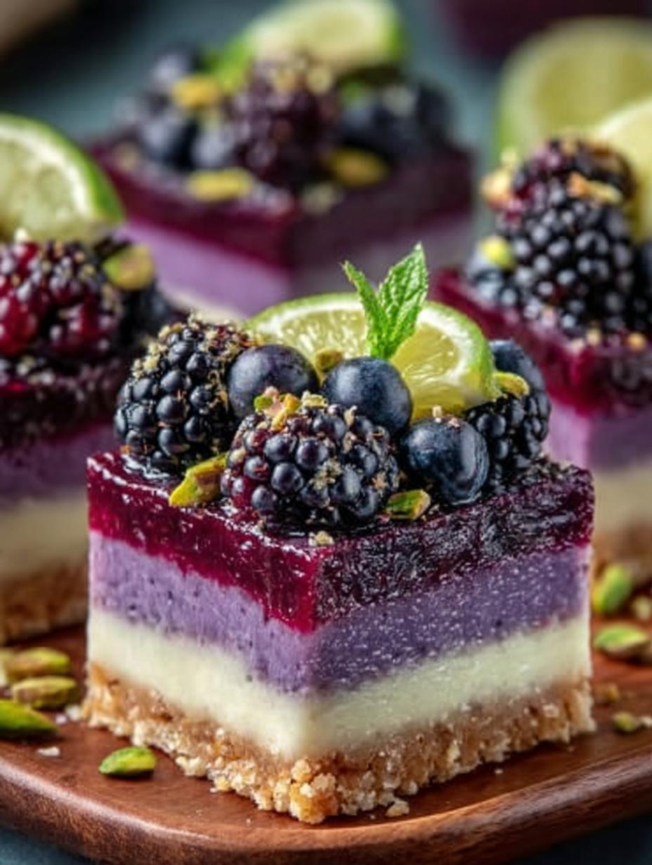 Blackberry Pistachio Dessert Bars with a crunchy pistachio topping