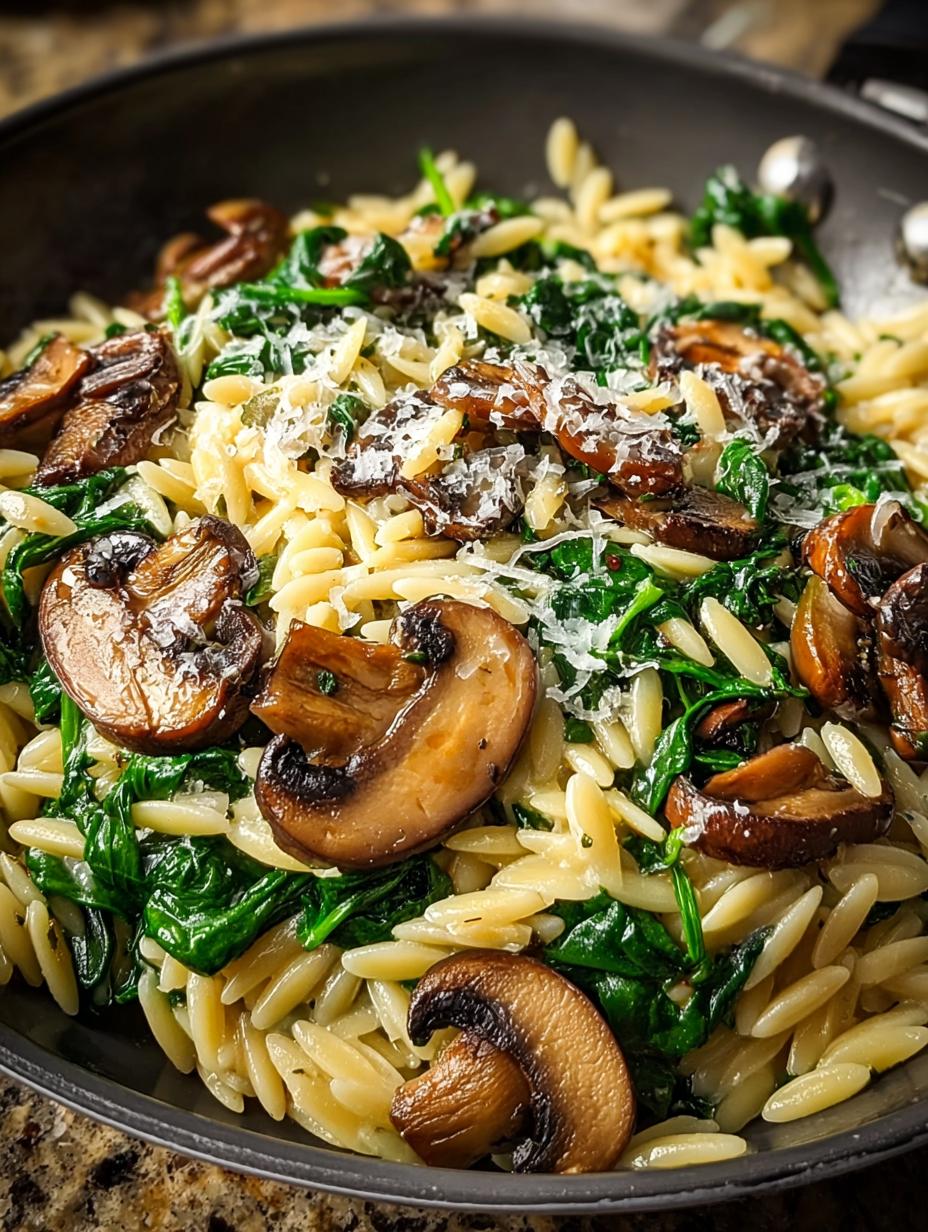 Garlic Butter Orzo with Mushrooms and Spinach garnished with fresh herbs