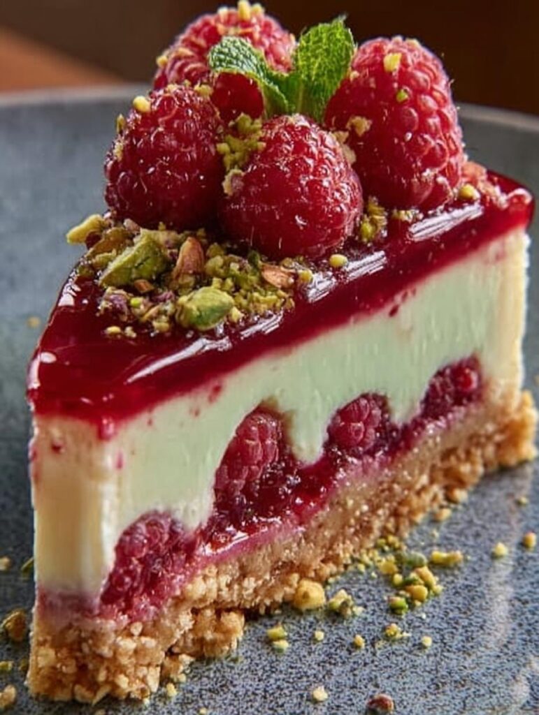 Pistachio Raspberry Crunch Cheesecake