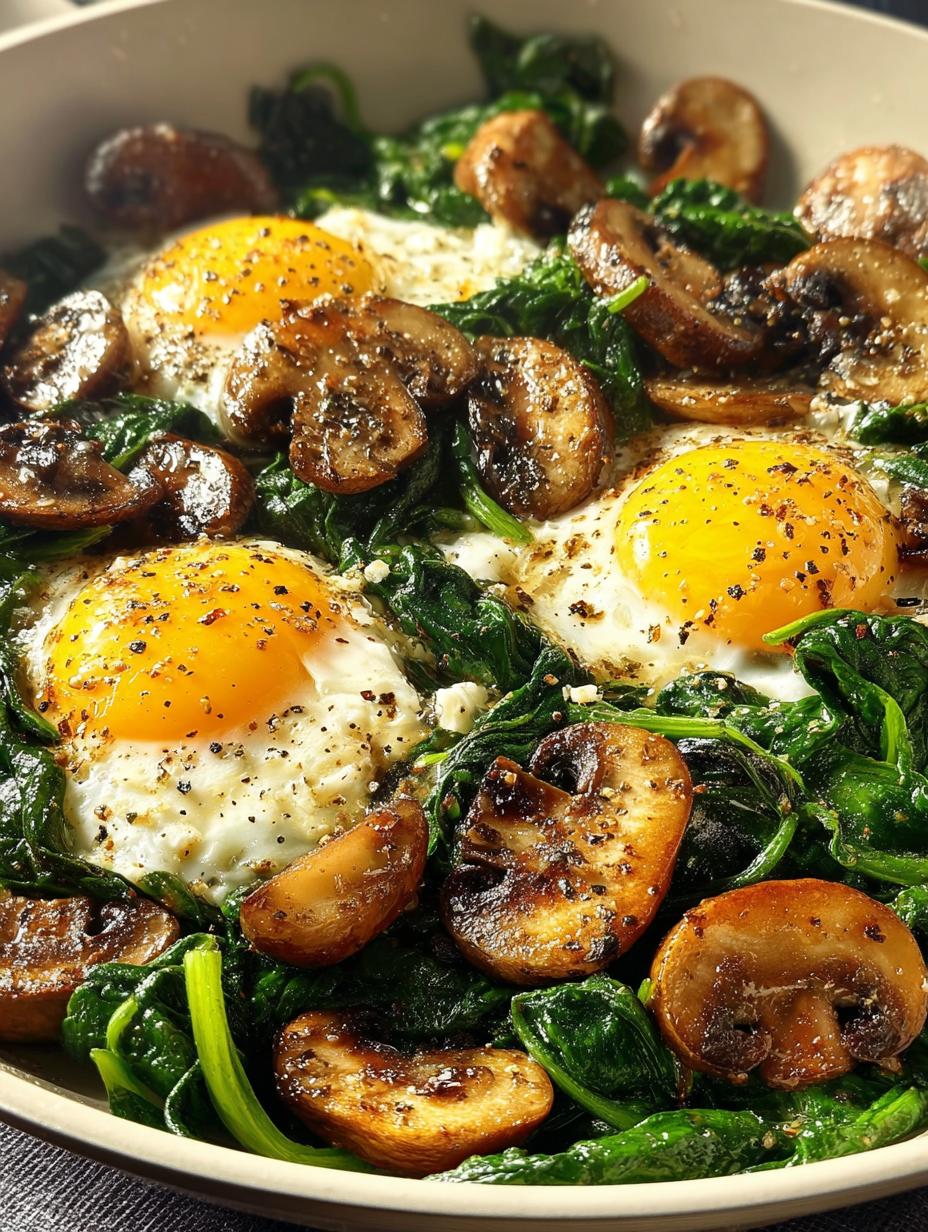Delicious Spinach Mushroom Breakfast Skillet with eggs and fresh ingredients