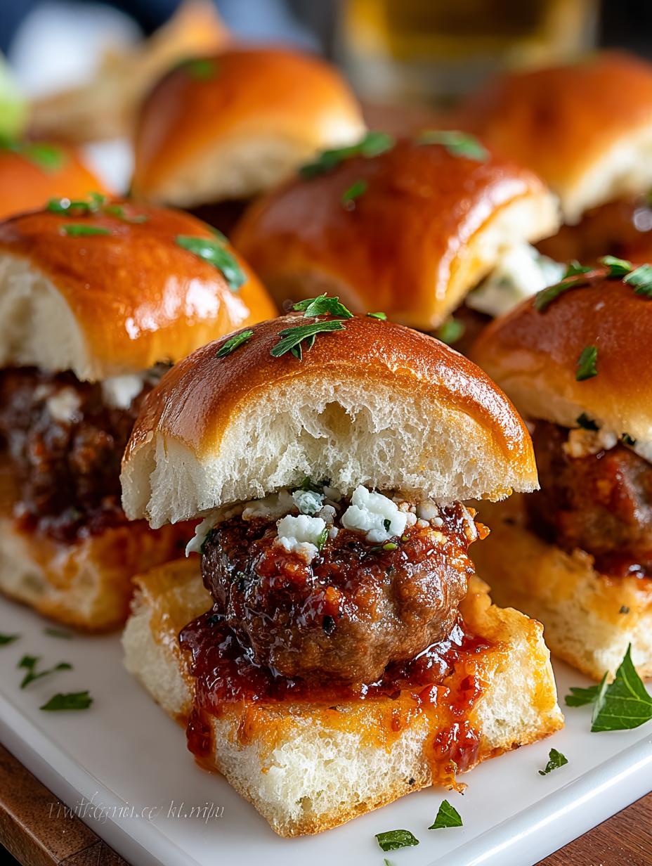 Delicious Game Day Meatball Sliders with melted cheese and marinara sauce