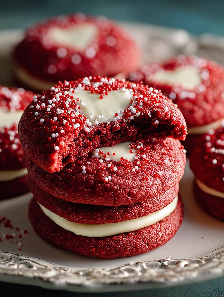 Irresistible Red Velvet Sugar Cookies fresh from the oven on a cooling rack