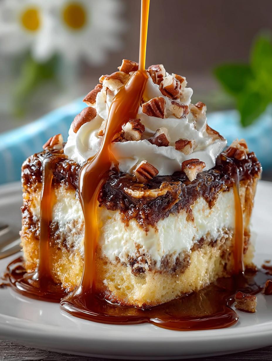 Delicious Turtle Poke Cake Dessert with Caramel and Pecans - Turtle Poke Cake Dessert - main visual representation