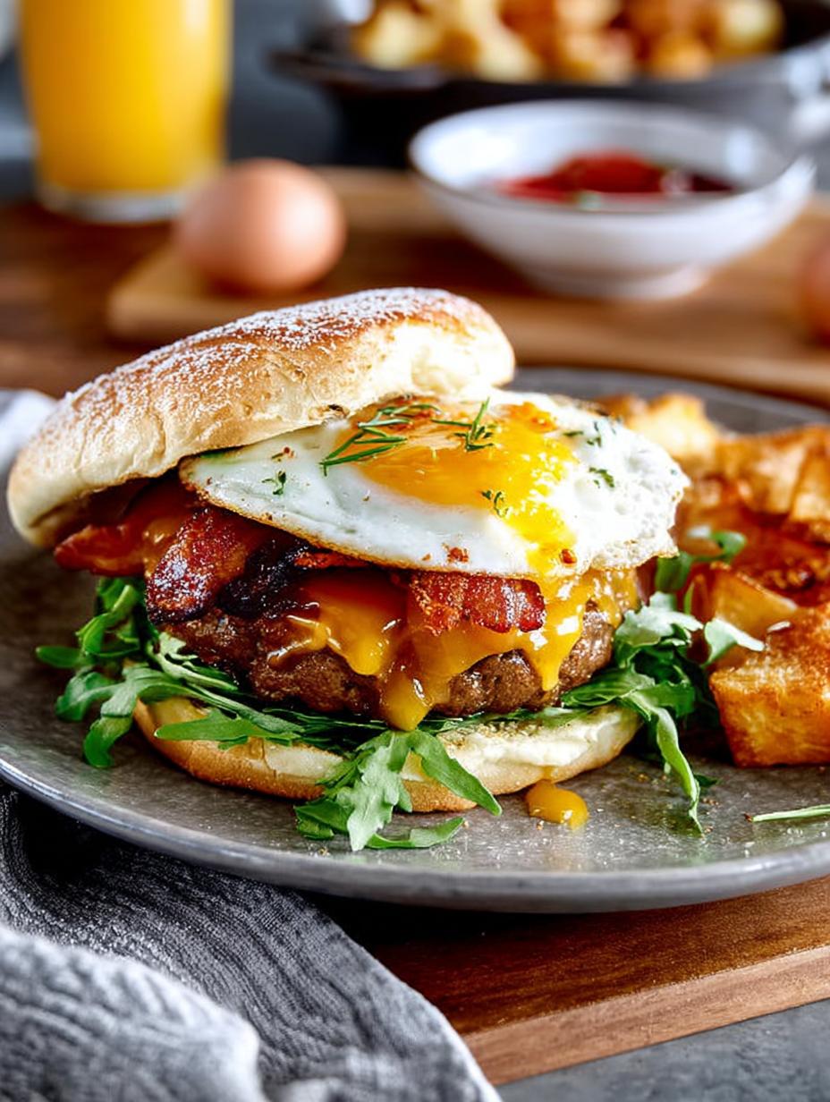 Delicious Breakfast Burger with Bacon and Egg - Breakfast Burger - main visual representation