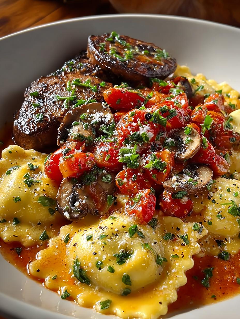 Creamy Tomato Mushroom Ravioli with Steak Delights - Creamy Tomato Mushroom Ravioli - main visual representation