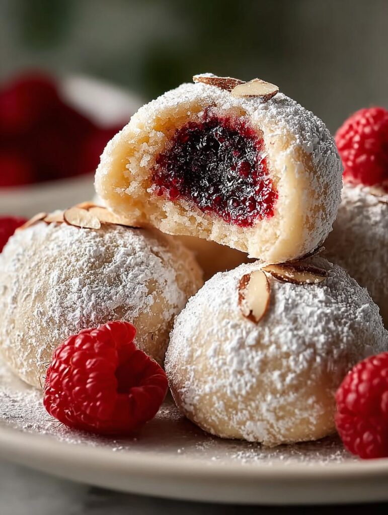 Raspberry Almond Snowball Cookies