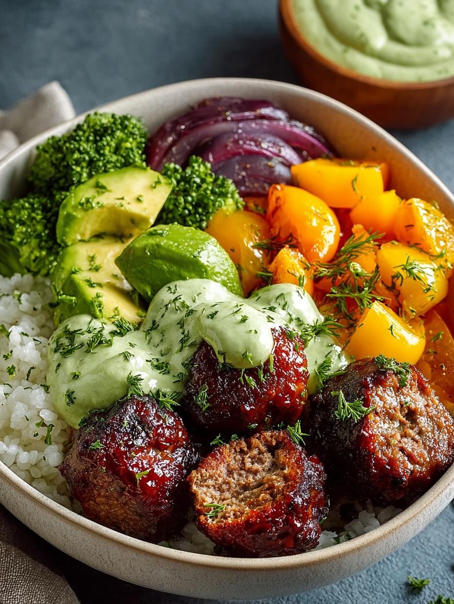 Barbecue Meatball Bowls with Sweet Avocado Goddess Sauce - Barbecue Meatball Bowls with - main visual representation