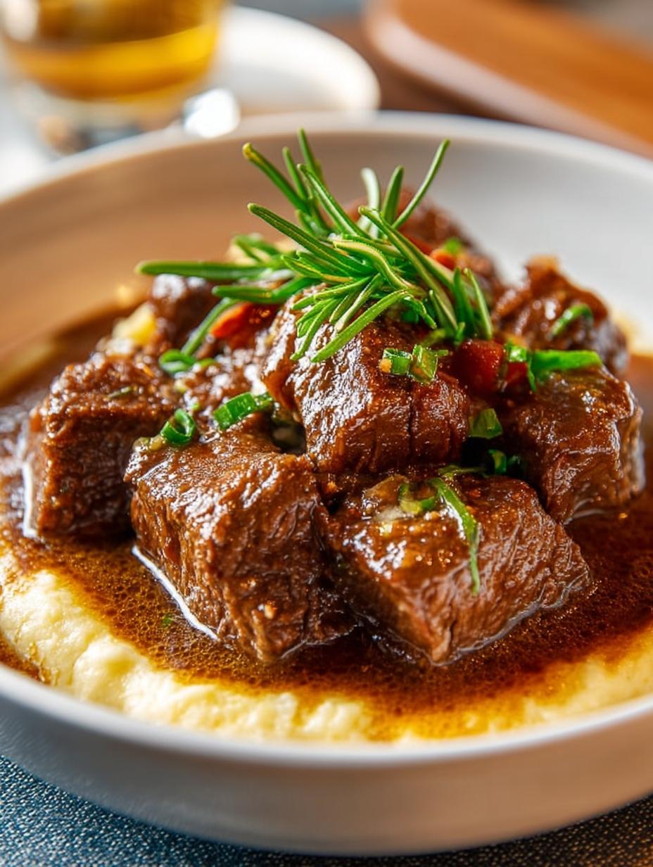 Delicious Beef Tips with Garlic Gravy over Cauliflower Mash - Beef Tips with Garlic - main visual representation