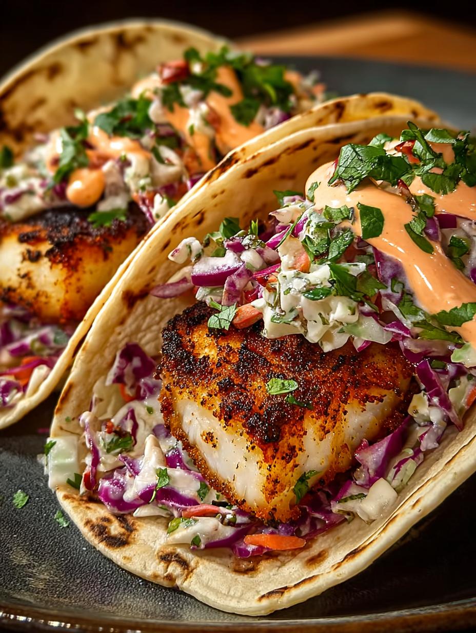 Blackened Fish Tacos with Cilantro Slaw & Sriracha Mayo 6 Blackened Fish Tacos with Cilantro Slaw & Sriracha Mayo - Blackened Fish Tacos with - additional detail