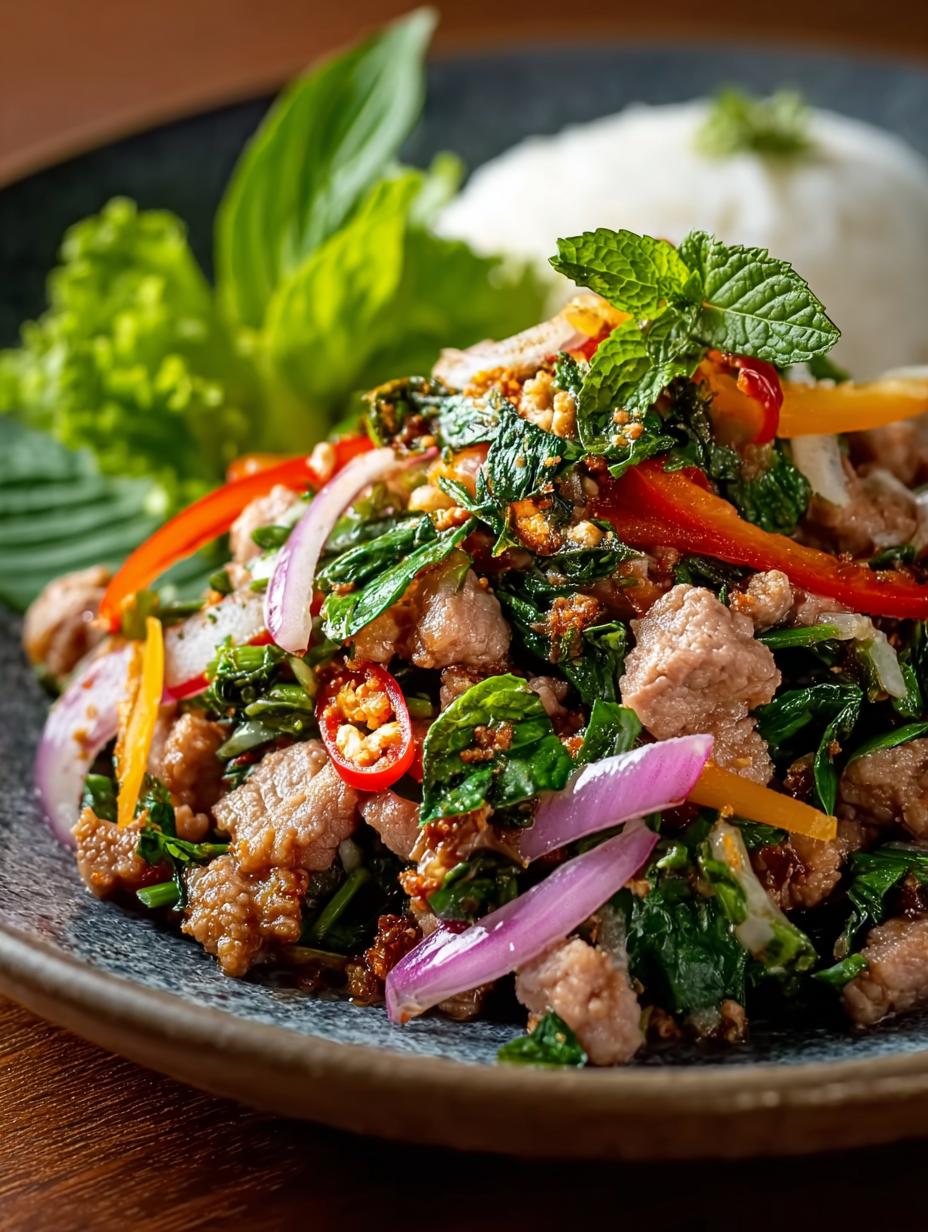 Delicious Laotian Spiced Meat Salad with Sticky Rice - Laotian Spiced Meat Salad - additional detail