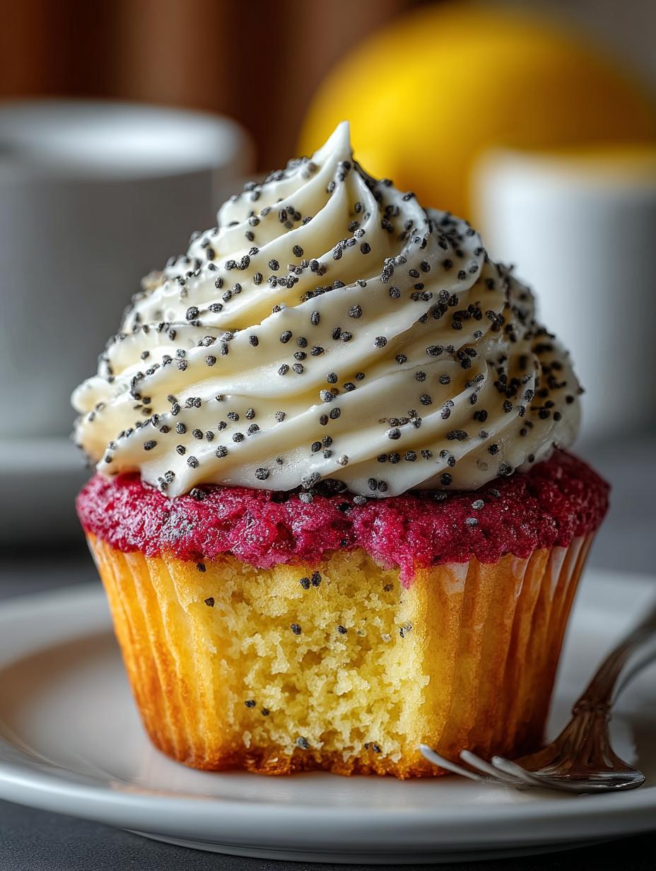 Delicious Lemon Poppy Seed Cupcakes with Blackberry Frosting - Lemon Poppy Seed Cupcakes - main visual representation