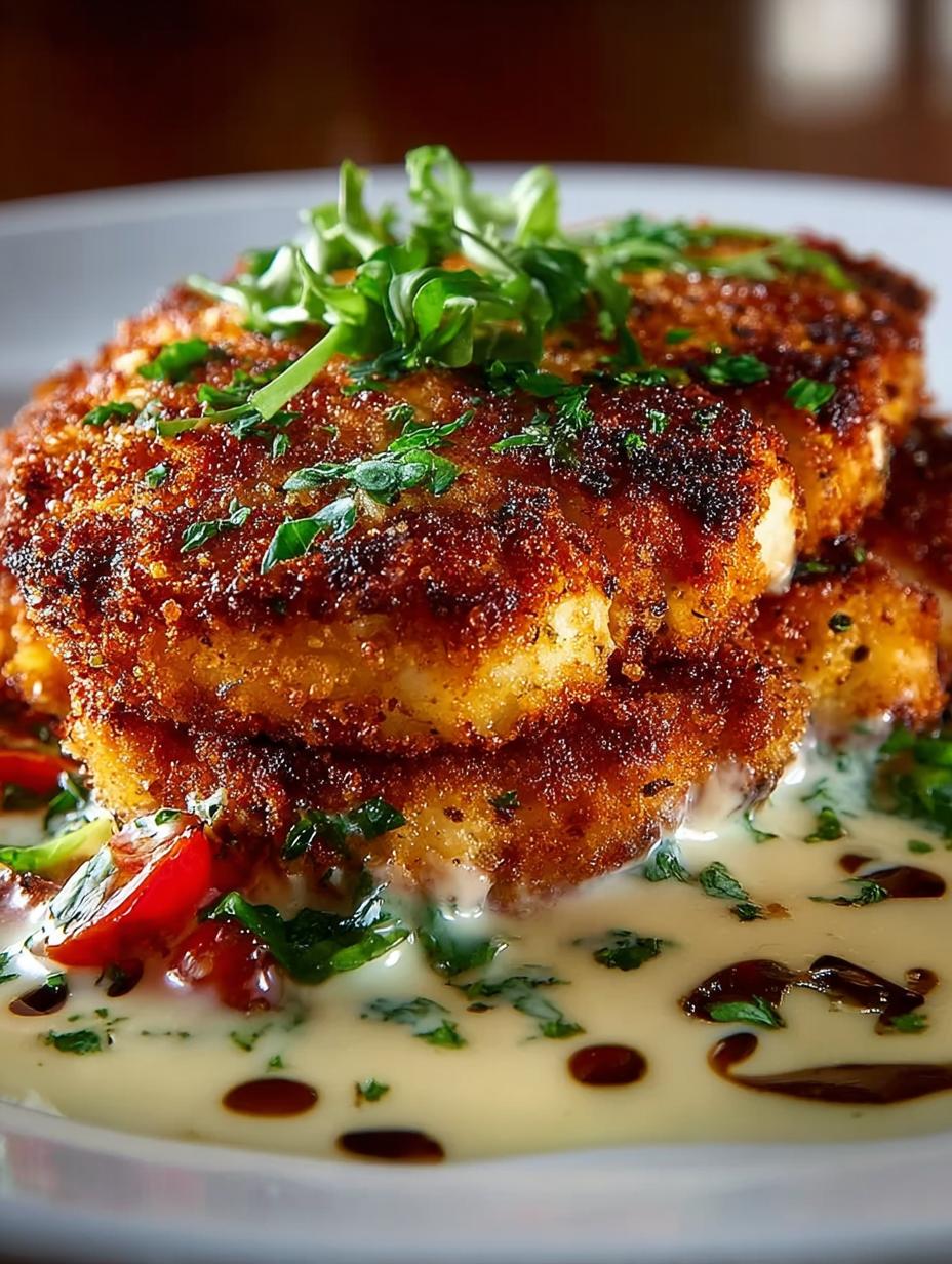 Delicious Parmesan Crusted Chicken with Creamy Garlic Sauce Delight plated with fresh herbs