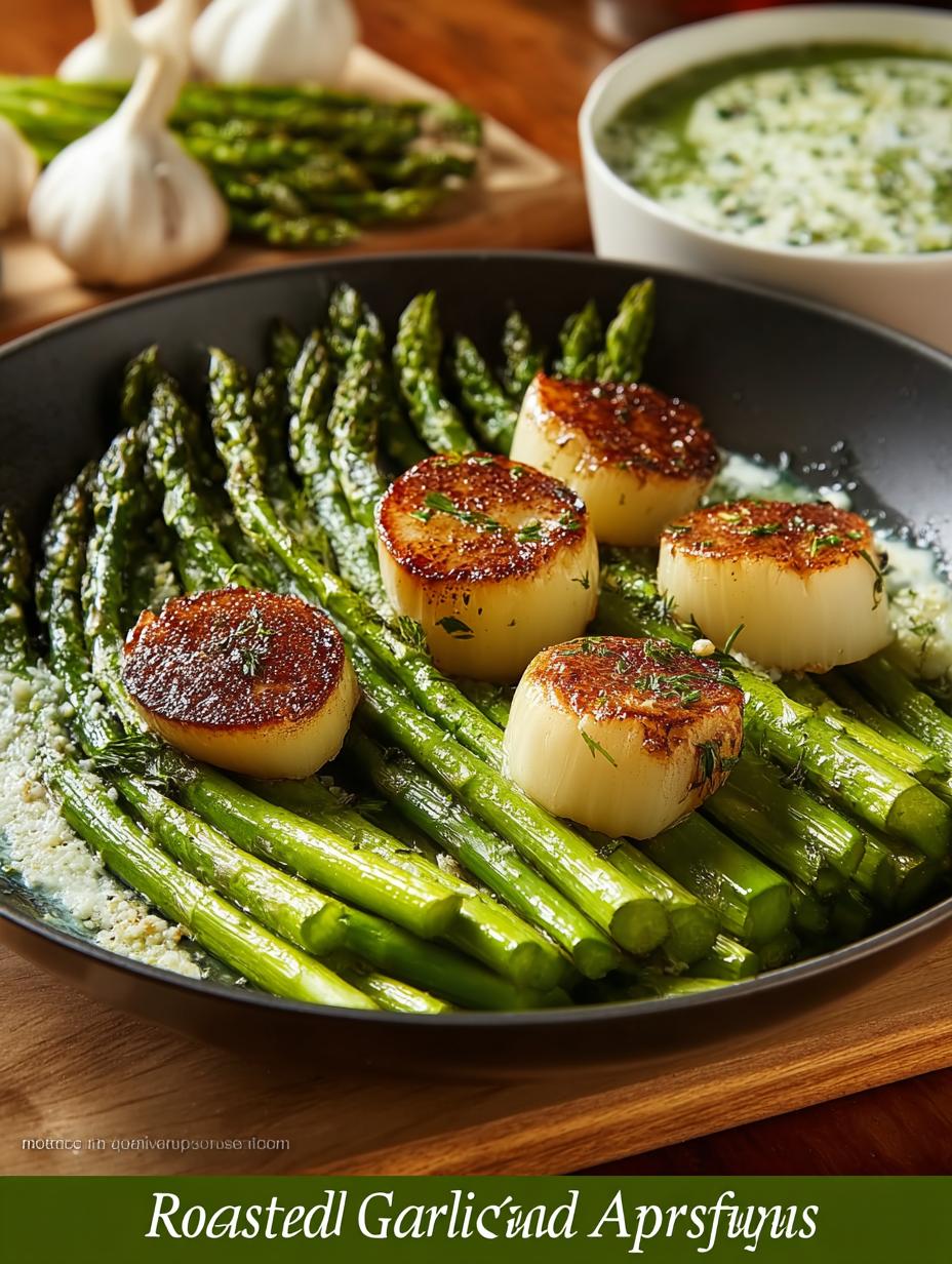 Irresistible roasted garlic asparagus served in a bowl with garnishes
