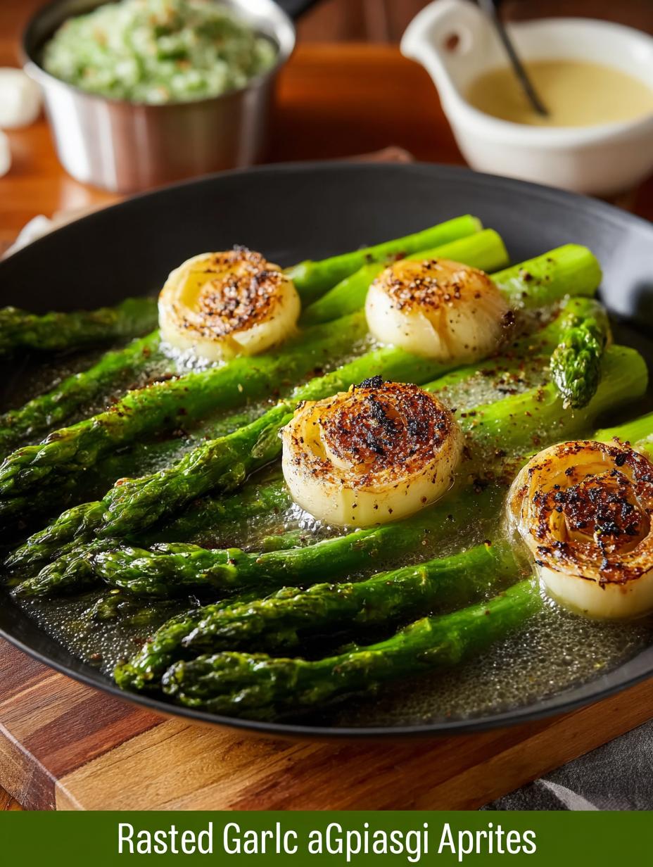 Delicious roasted garlic asparagus dish garnished with herbs