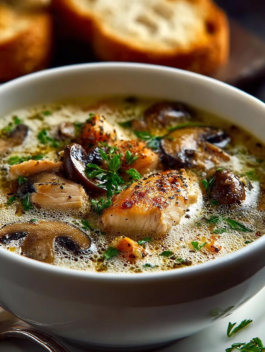 Irresistible Rotisserie Chicken Mushroom Soup served in a bowl with fresh herbs