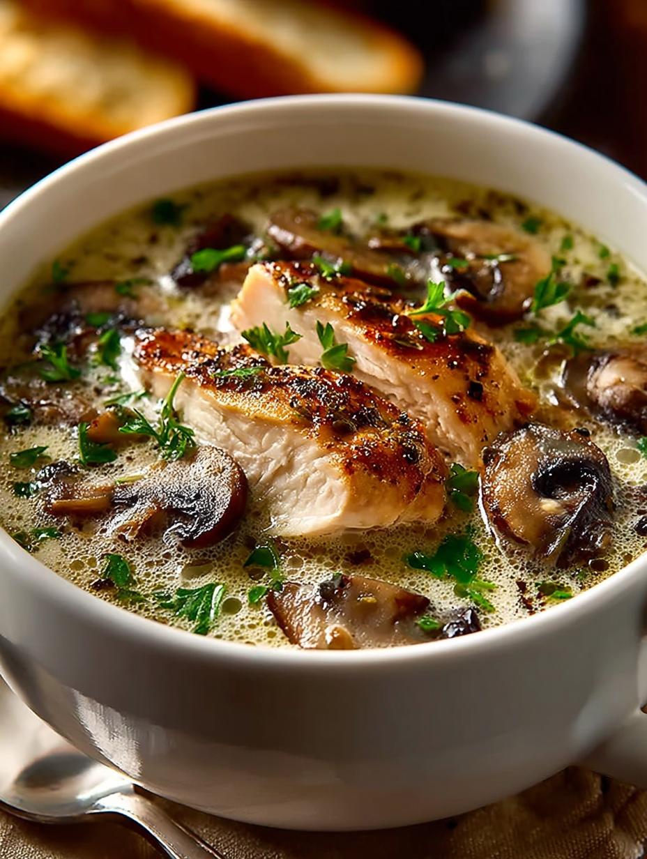 Delicious Rotisserie Chicken Mushroom Soup garnished with fresh parsley