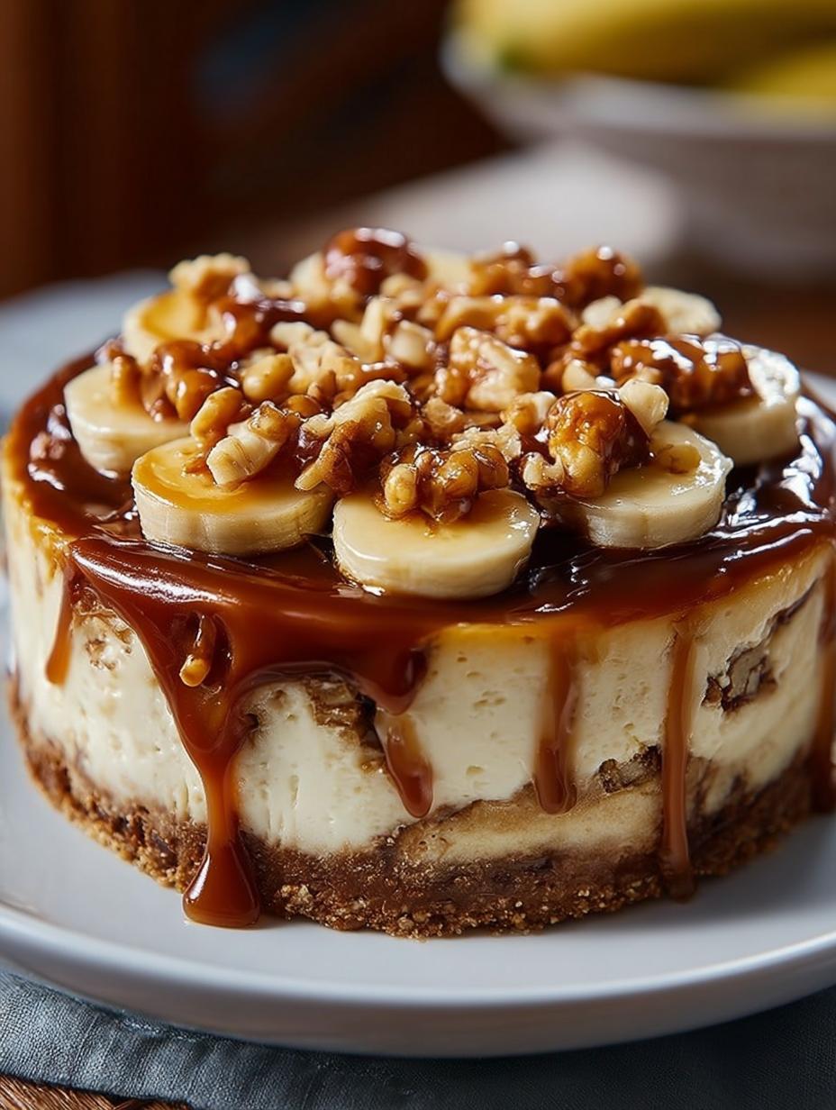 Irresistible Banana Caramel Nut Cheesecake layered with bananas and caramel