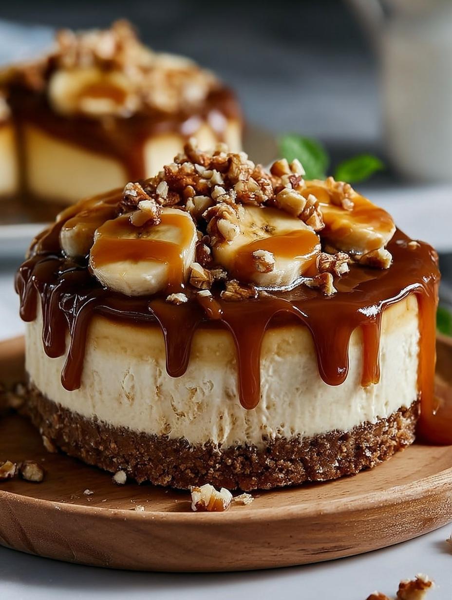Deliciously layered Banana Caramel Nut Cheesecake with nuts and caramel