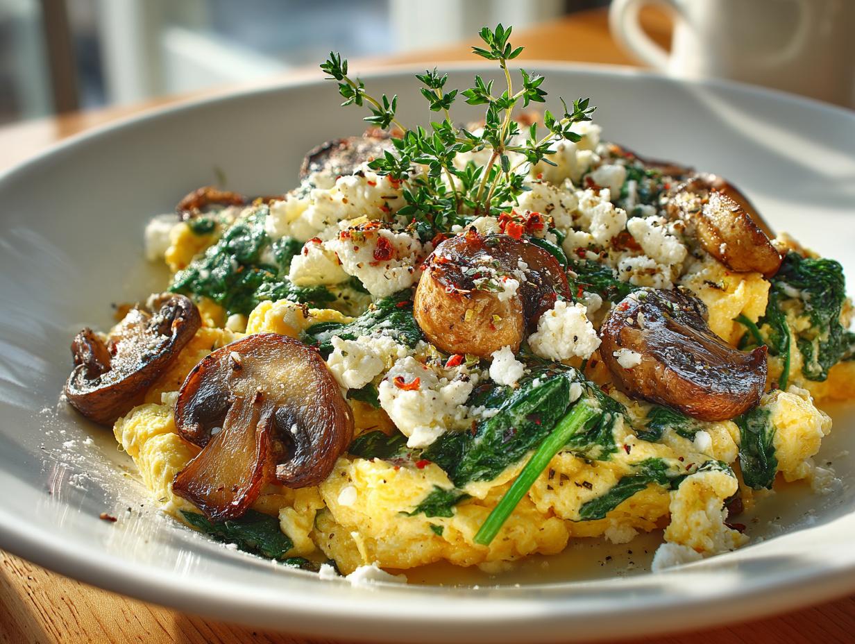 Delicious Mushroom Spinach Scrambled Eggs in 15 Minutes - Mushroom Spinach Scrambled Eggs - main visual representation