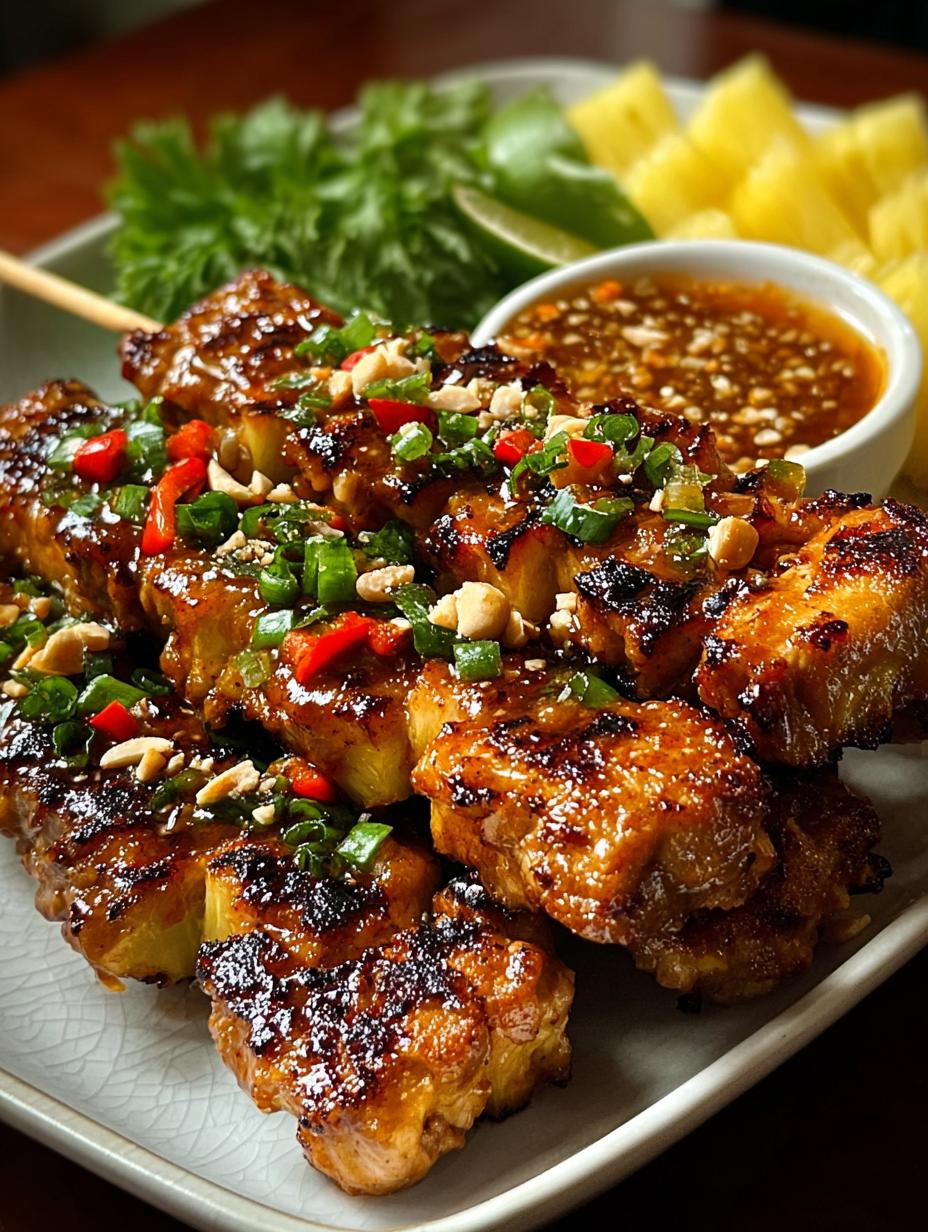 Thai Pineapple Peanut Satay Chicken: 6 Irresistible Tips 5 Irresistible Thai Pineapple Peanut Satay Chicken skewers ready to serve
