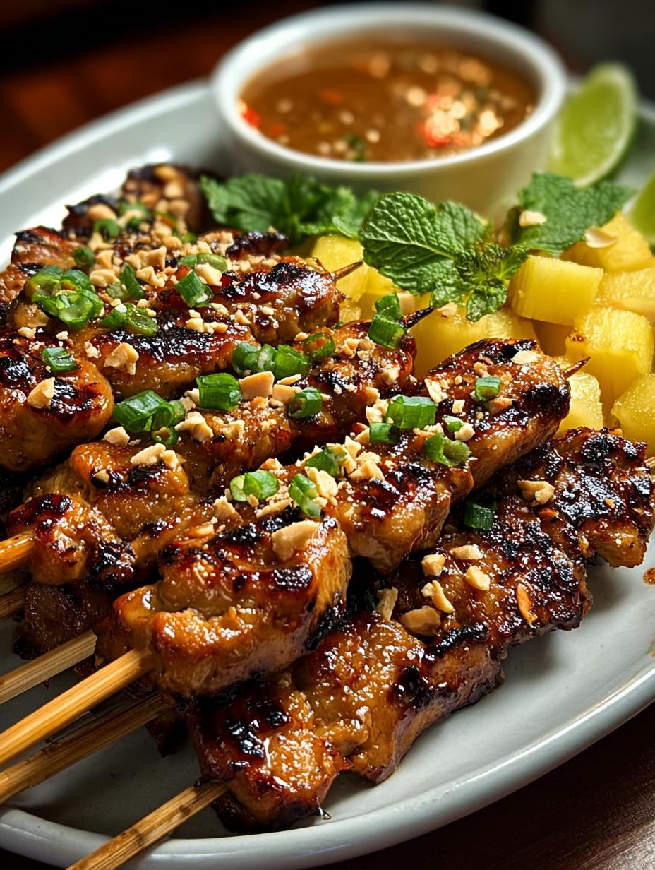 Delicious Thai Pineapple Peanut Satay Chicken served with dipping sauce