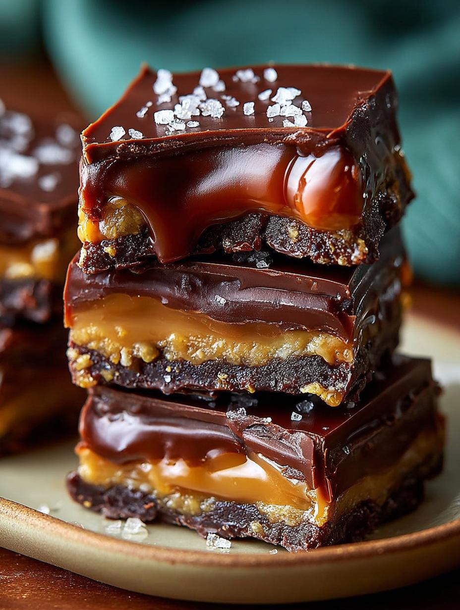 Irresistible Date Snickers bars filled with peanut butter and topped with chocolate