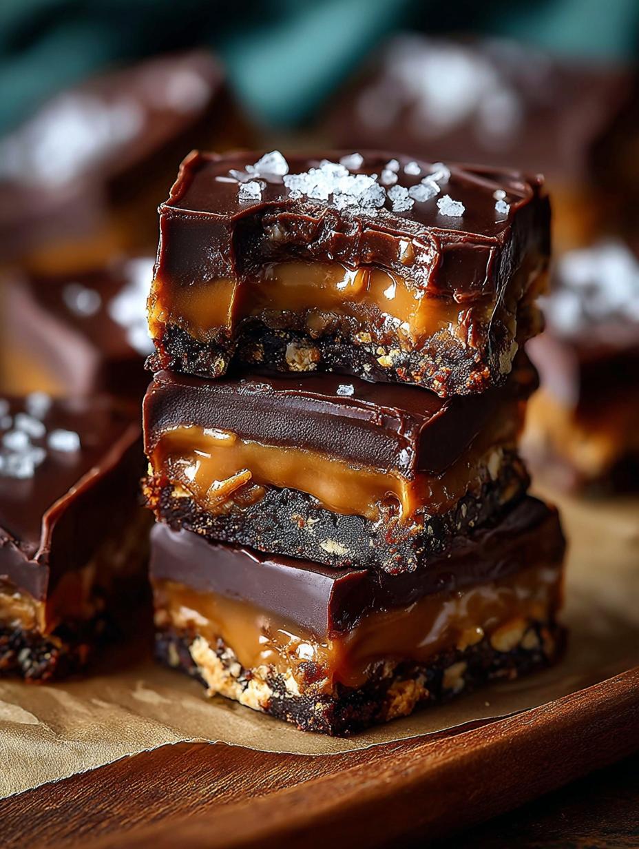 Delicious Date Snickers bars drizzled with chocolate and sprinkled with sea salt