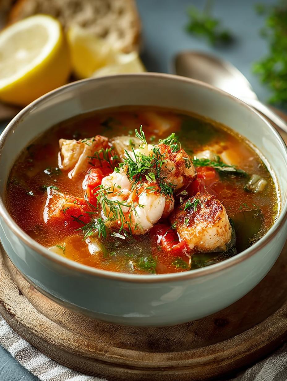 Serving Greek Fisherman's Soup with crusty bread and salad
