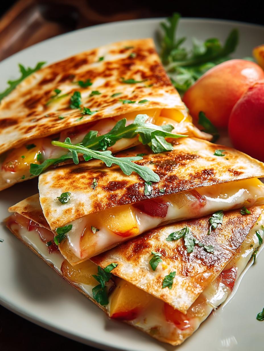 Delicious peach quesadillas served with honey and sour cream for a sweet and savory experience
